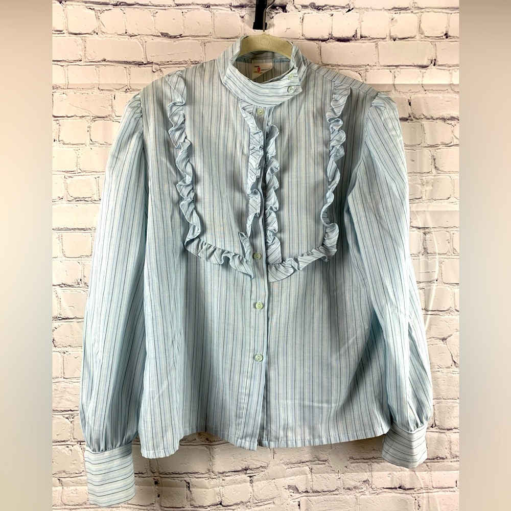 VINTAGE THIRD GENERATION Shirt Blue with Bishop Sleeves Button Down Ruffled